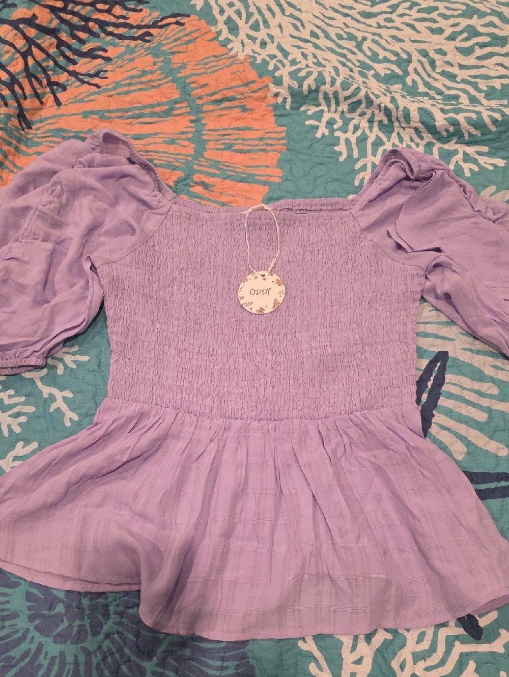 Oddy Lavender Smocked Peplum Women’s Top Sz S